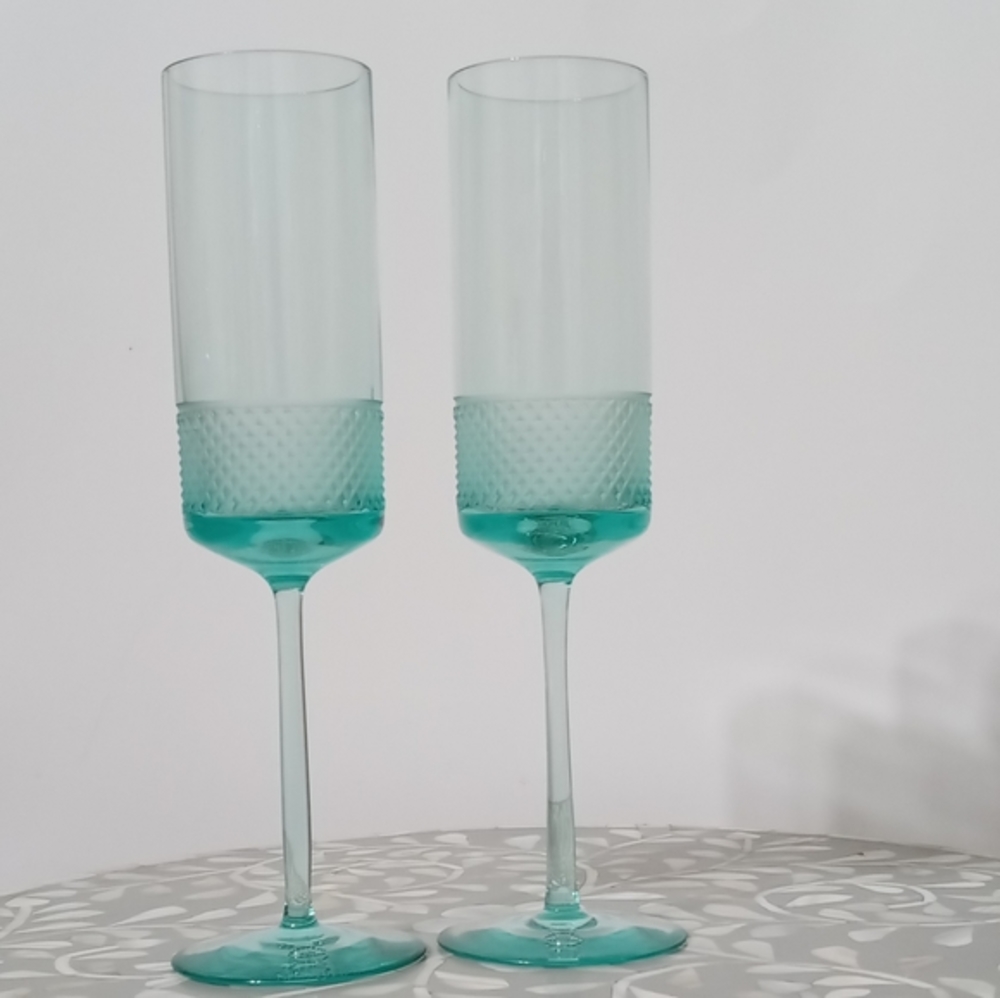 Tiffany & Co. 💙 Rare Blue Diamond Point Champagne Flute 2 Crystal Glass Flutes